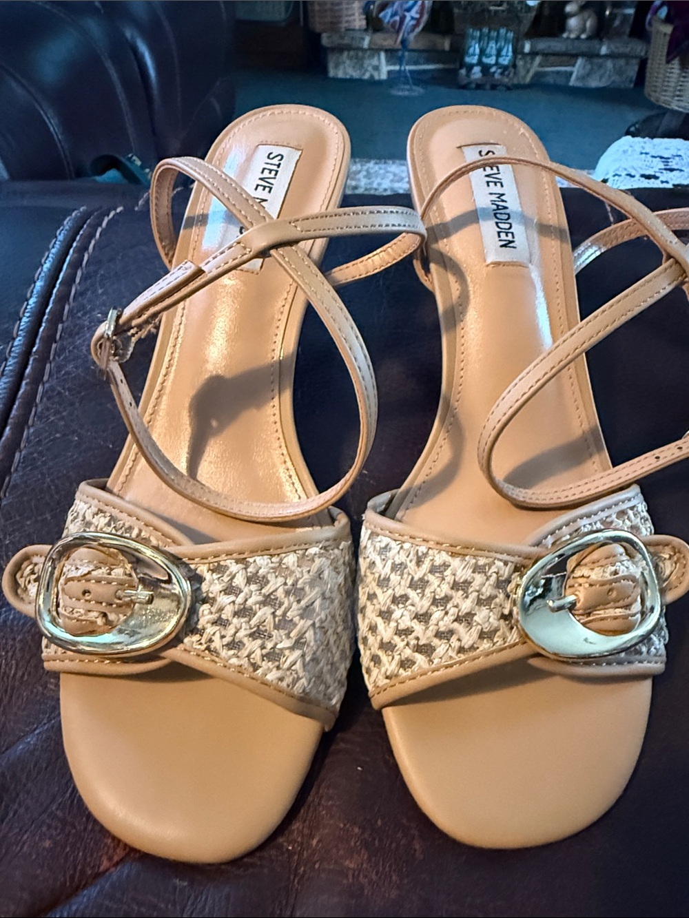 Steve Madden Beige Braided Buckle Ankle-Strap Kitten Heel Sandals
